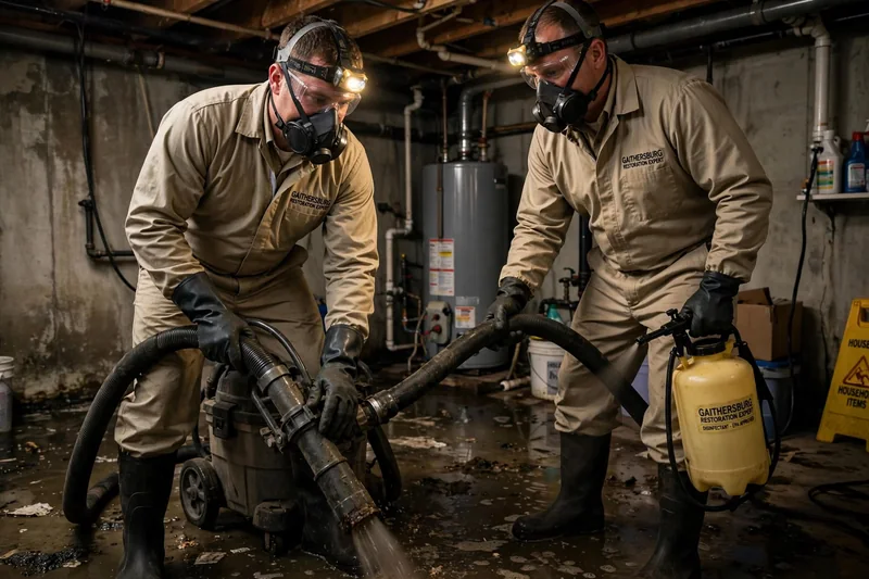 Technicians extracting water from a flooded basement
