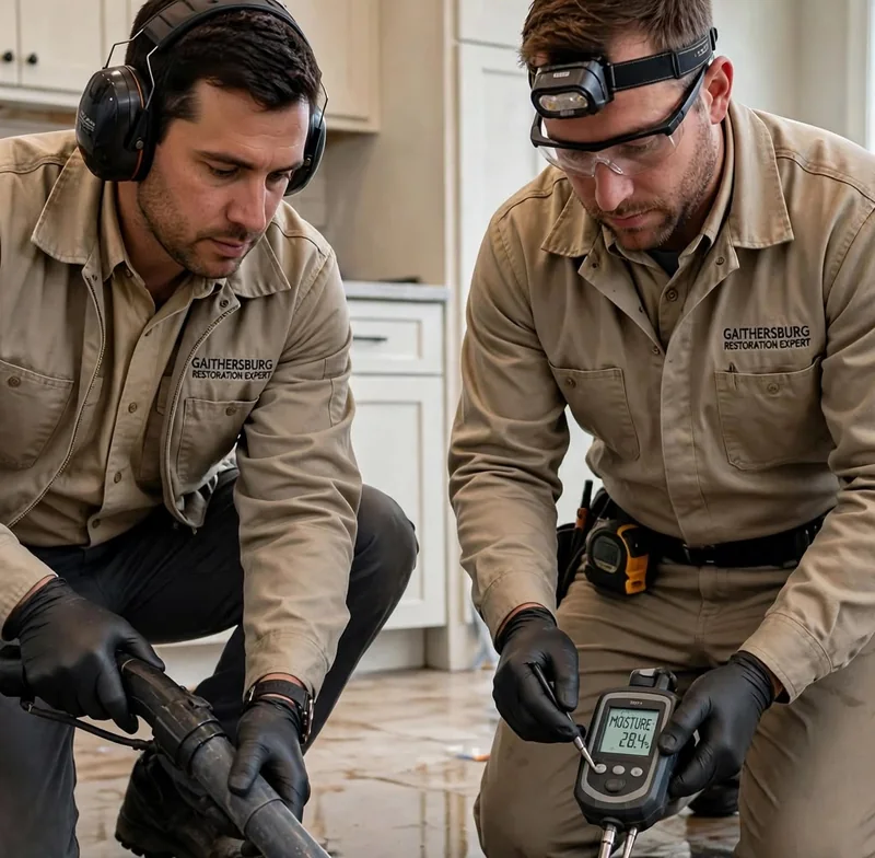 Technicians removing water from a wet kitchen floor