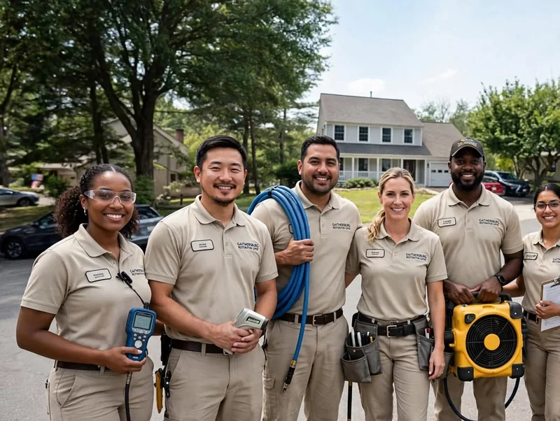 Water damage technicians outside homes in Gaithersburg